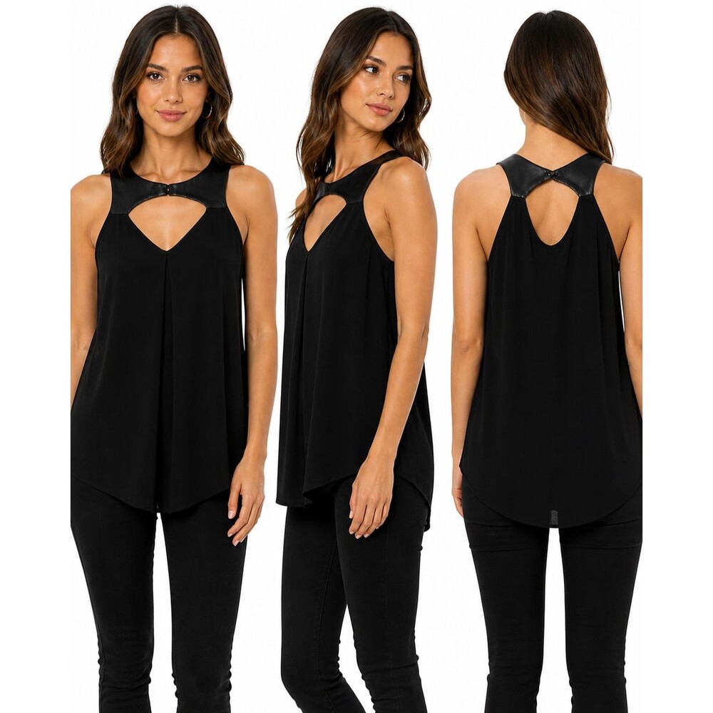 BCBG Black Faux Leather Trim Tunic Top XXS Sleeveless Edgy